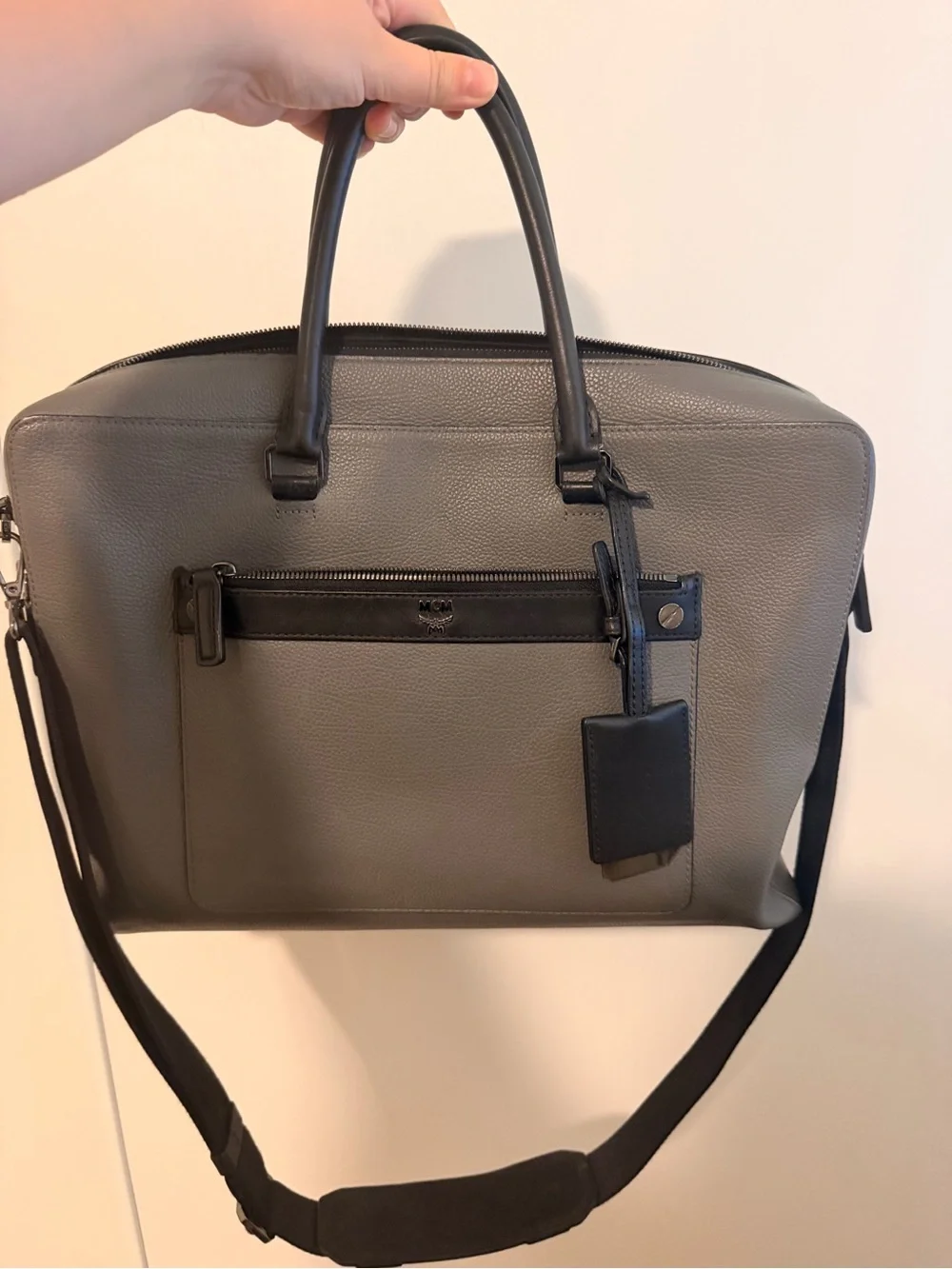 Unisex MCM Vintage Grey Leather Briefcase with Black Trim